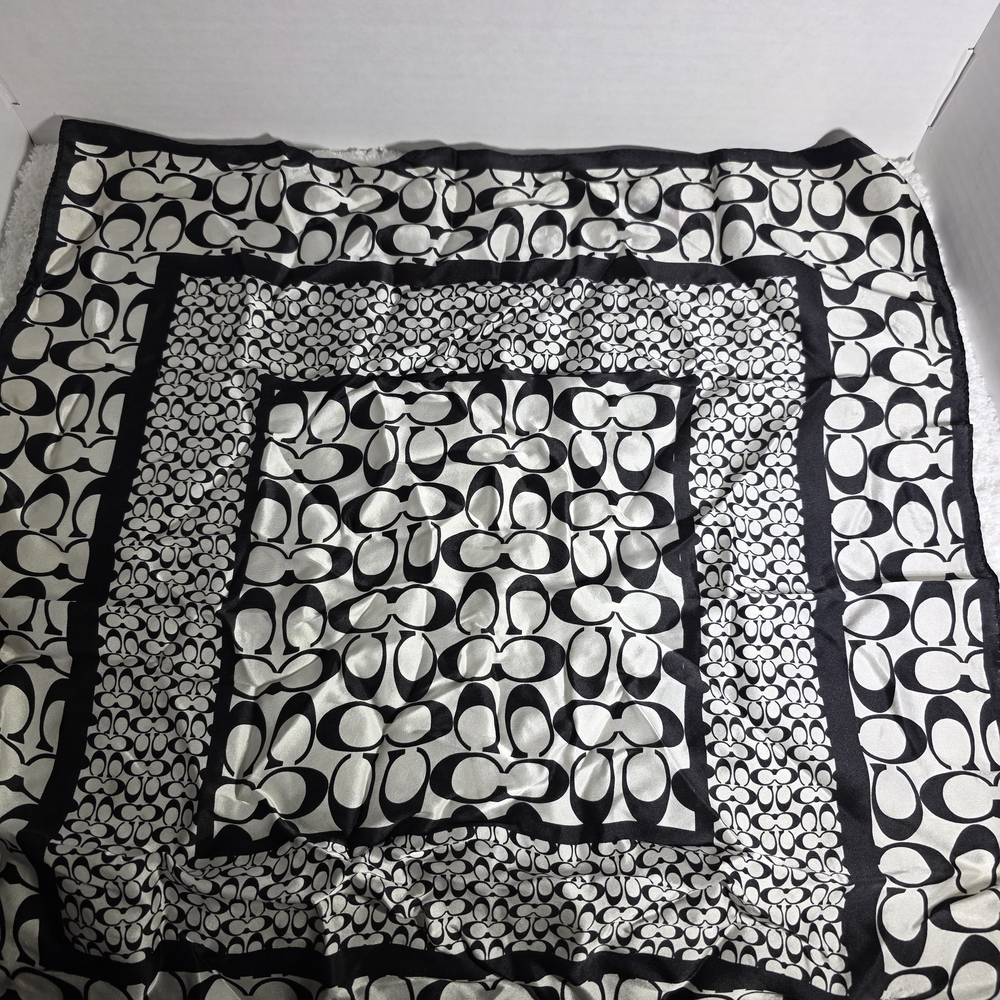 Coach Black & White Signature Square Silk-Feel Scarf